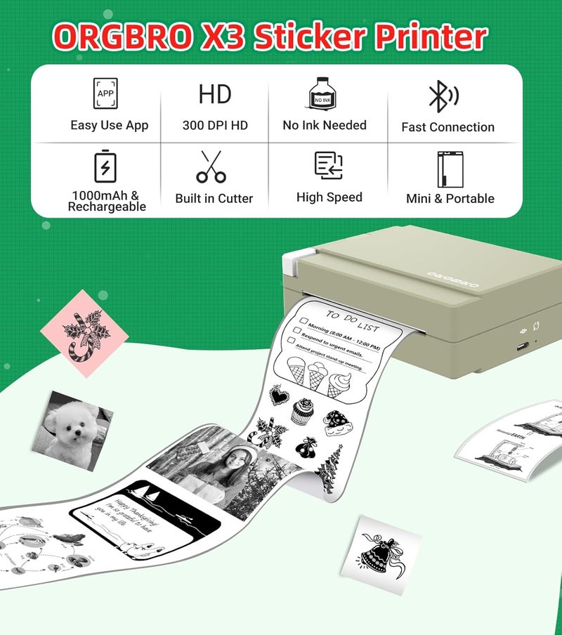 ARGBROW Sticker Printer Machine, X3 Mini Printer Print Pods Portable Thermal Inkless Sticker Maker, 2-3 Inch 300 DPI Bluetooth Pocket Printers for Smartphones, Notes, Journal, Photos, DIY, Kids Gift - Image 2